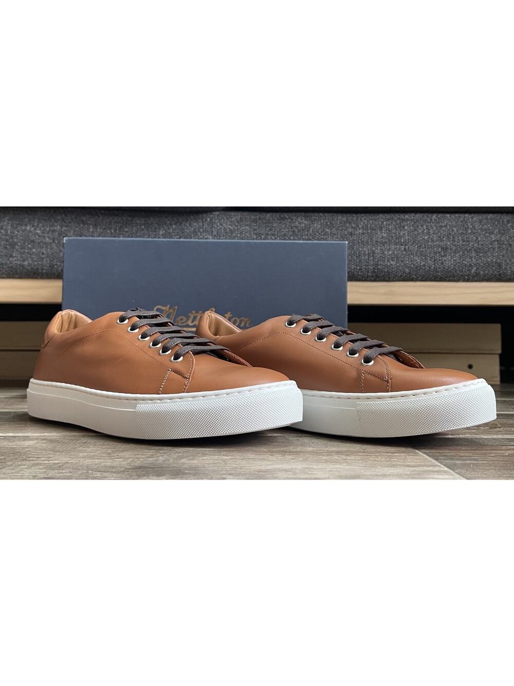 $750 NIB Nettleton Mens Leather Low Top Sneakers Cognac Tan Designer Trainers 8D